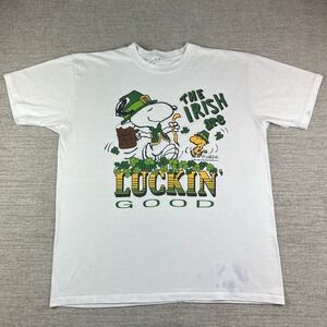Vintage 70s Peanuts Snoopy Irish T-Shirt Men's Large White Artex Lucky Good